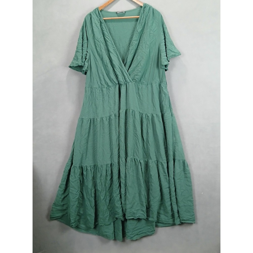 BloomChic Fit & Flare Dress Womens 26 Green Tiered Pleated V Neck Party Cocktail
